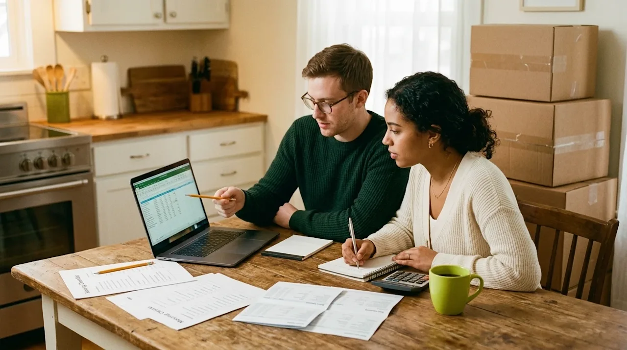 Authentic lifestyle photography of a young couple sitting at a wooden kitchen table, actively budgeting and planning their up