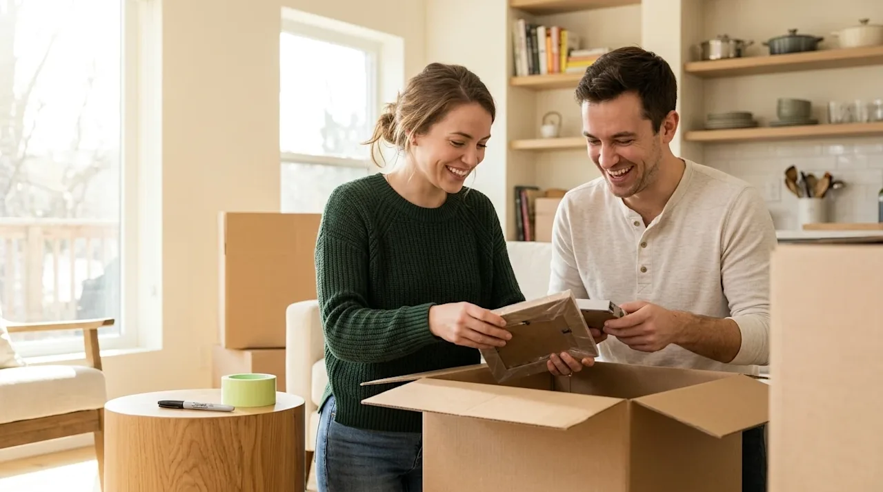 Professional marketing photography of a young couple happily packing a cardboard moving box together in a warmly lit, modern