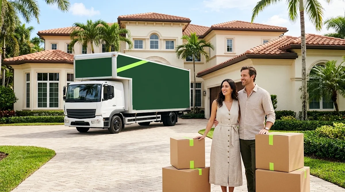 Professional marketing photography of a luxurious Palm Beach, Florida estate on a bright, sunny day. The scene features lush