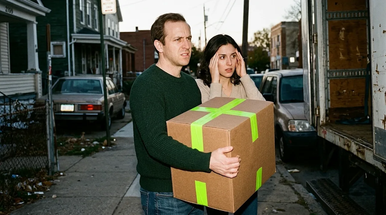 Candid 35mm film flash photography of an overwhelmed and stressed young couple standing on a neighborhood sidewalk, looking a