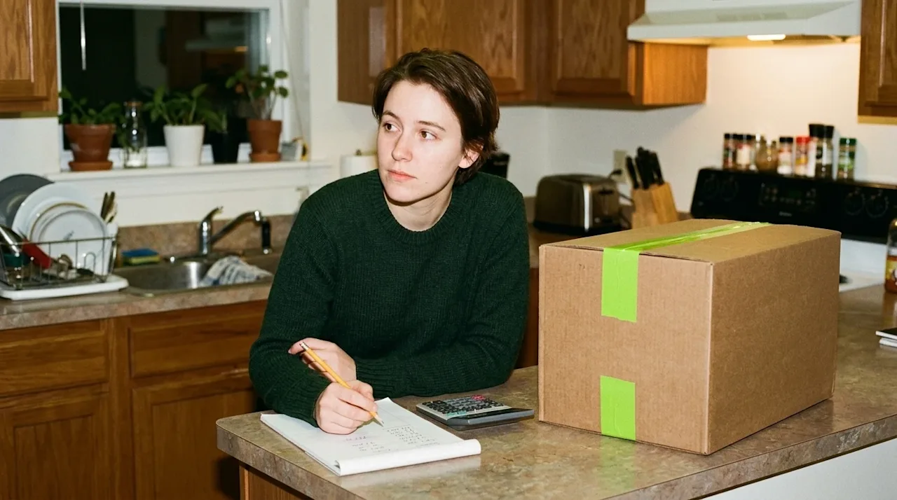 A candid, lifestyle 35mm film photograph of a young adult sitting at a kitchen counter in an apartment, thoughtfully reviewin