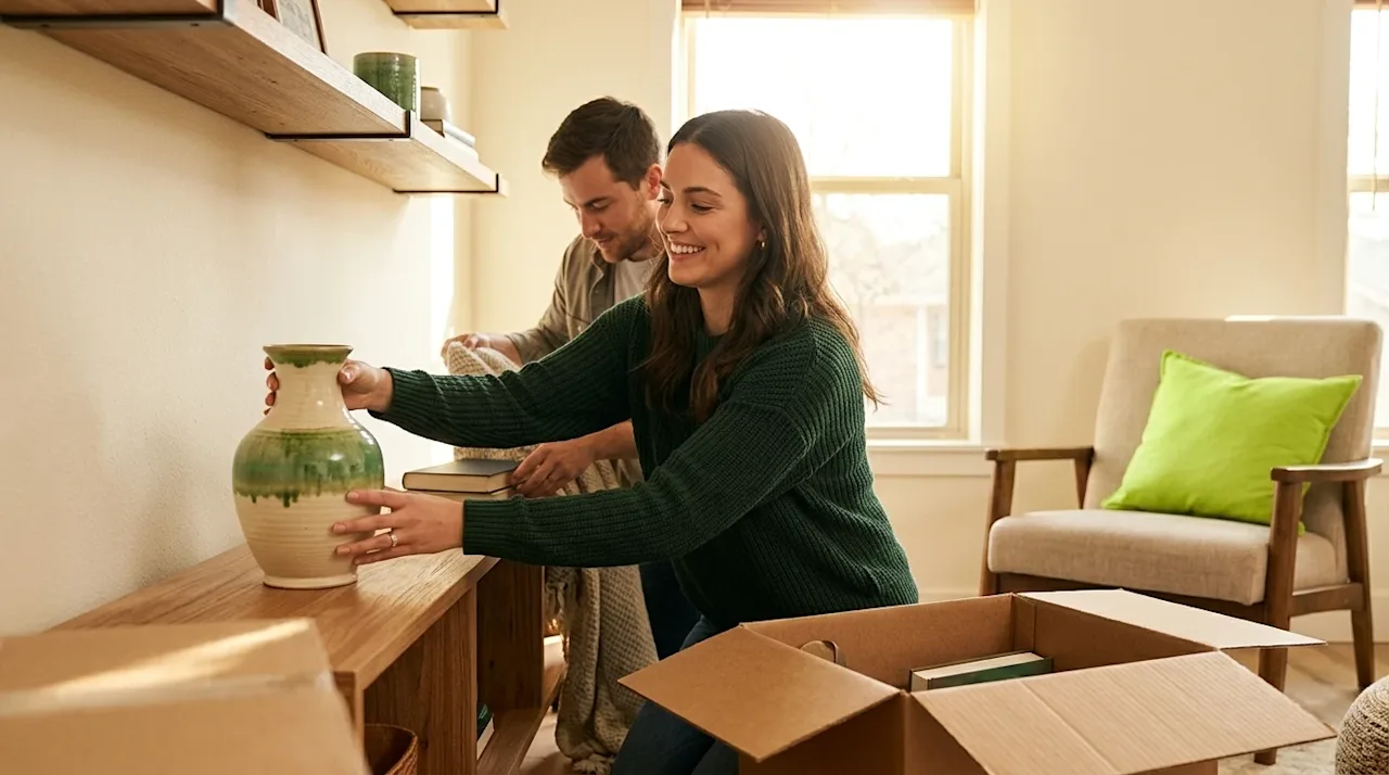 Professional marketing photography, candid lifestyle shot. A happy young couple decorating their bright, sunlit new home. The