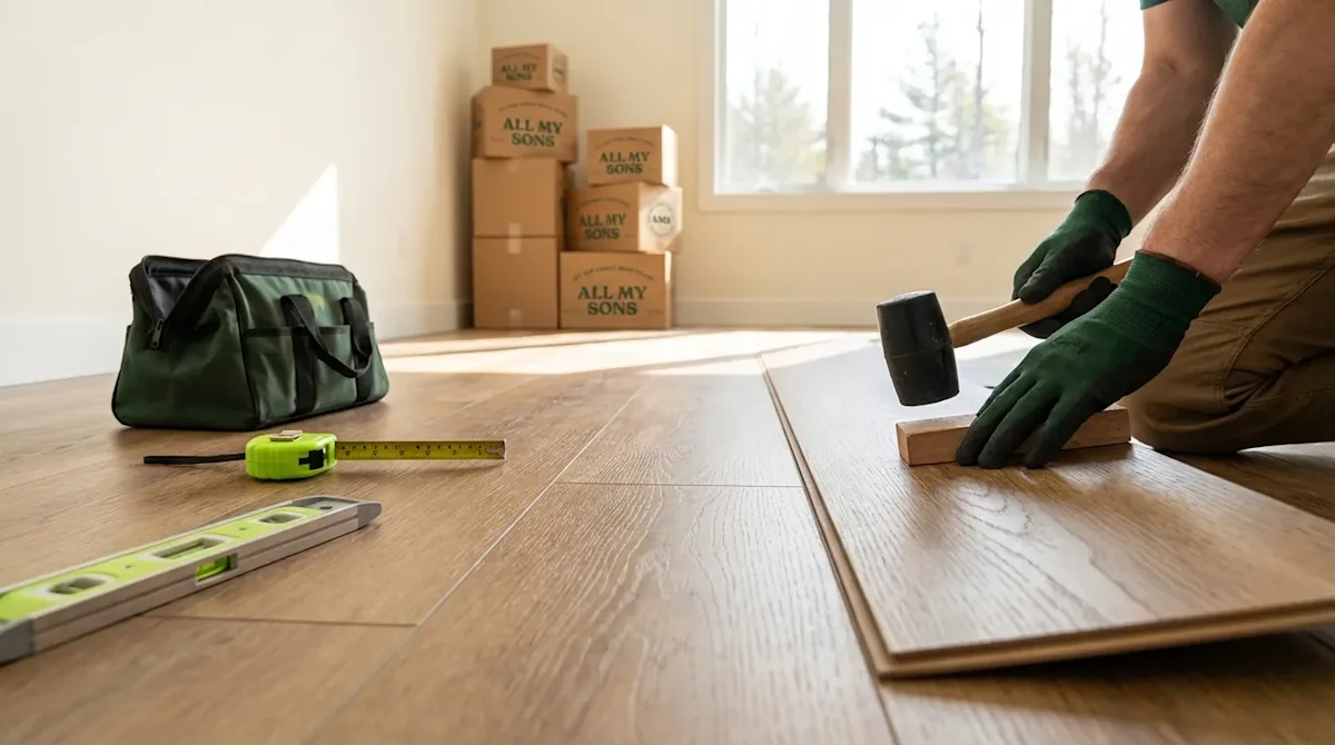 Worker installing luxury vinyl flooring in a bright room with All My Sons moving boxes in the background.