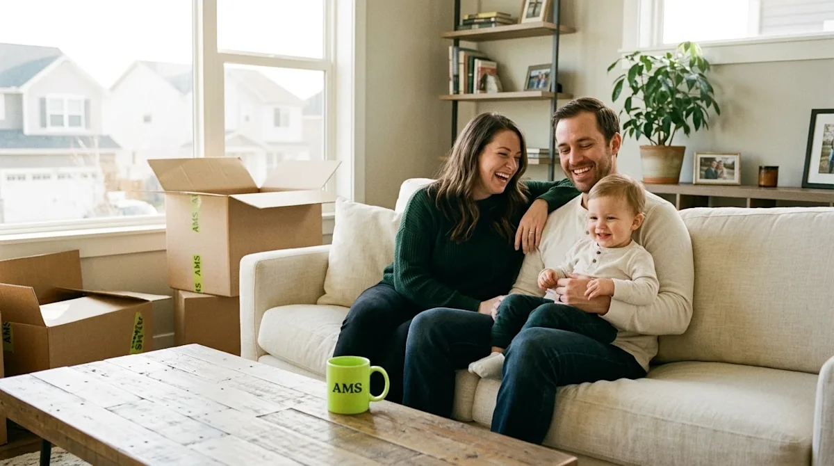 Candid 35mm film photography of a genuinely happy family relaxing in their bright new living room, conveying trust and satisf