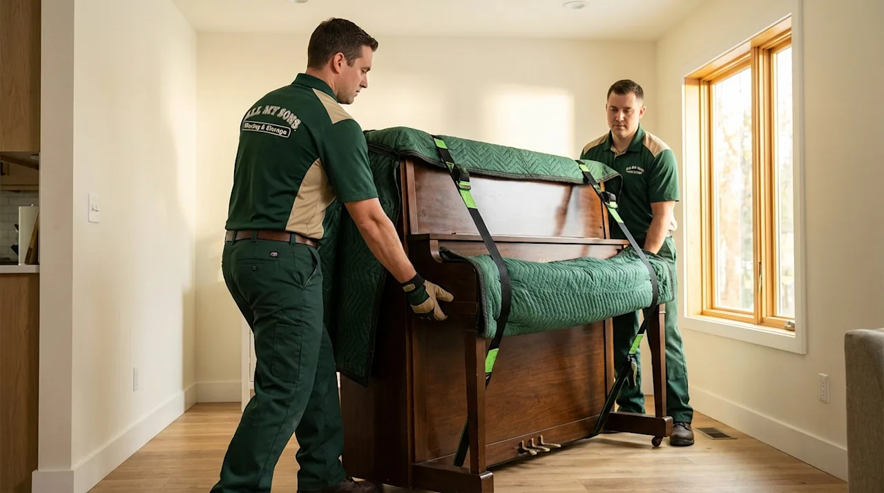 All My Sons movers carefully transporting a piano using lifting straps and protective pads inside a home.