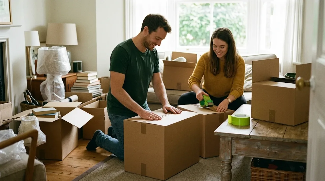 Candid lifestyle photography of a couple happily packing their belongings into kraft brown cardboard moving boxes in a sunlit