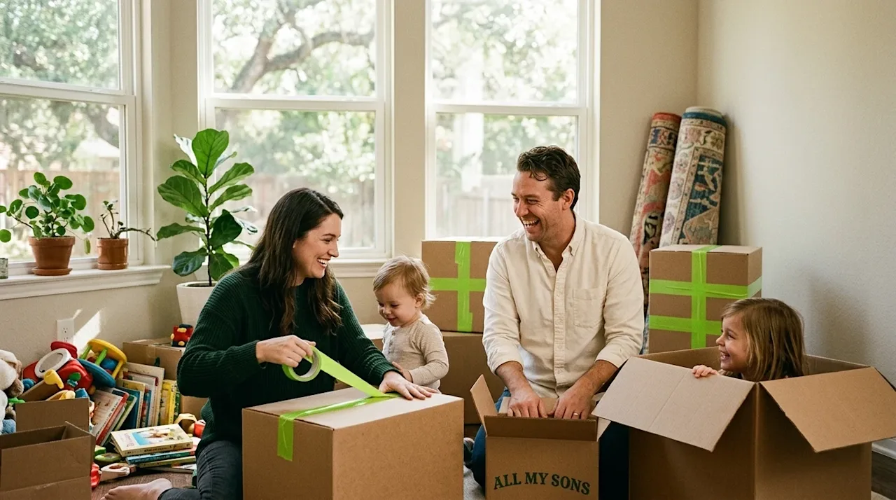 A candid, heartwarming lifestyle photograph of a family with young children moving into a sunlit South Austin home, capturing