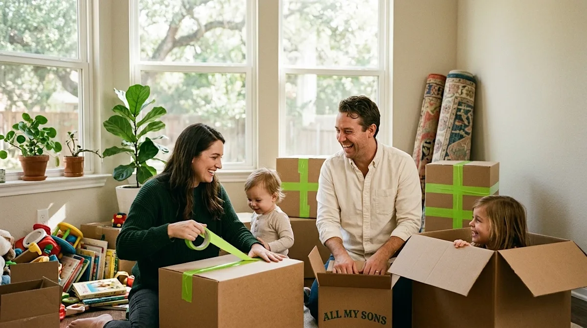 A candid, heartwarming lifestyle photograph of a family with young children moving into a sunlit South Austin home, capturing
