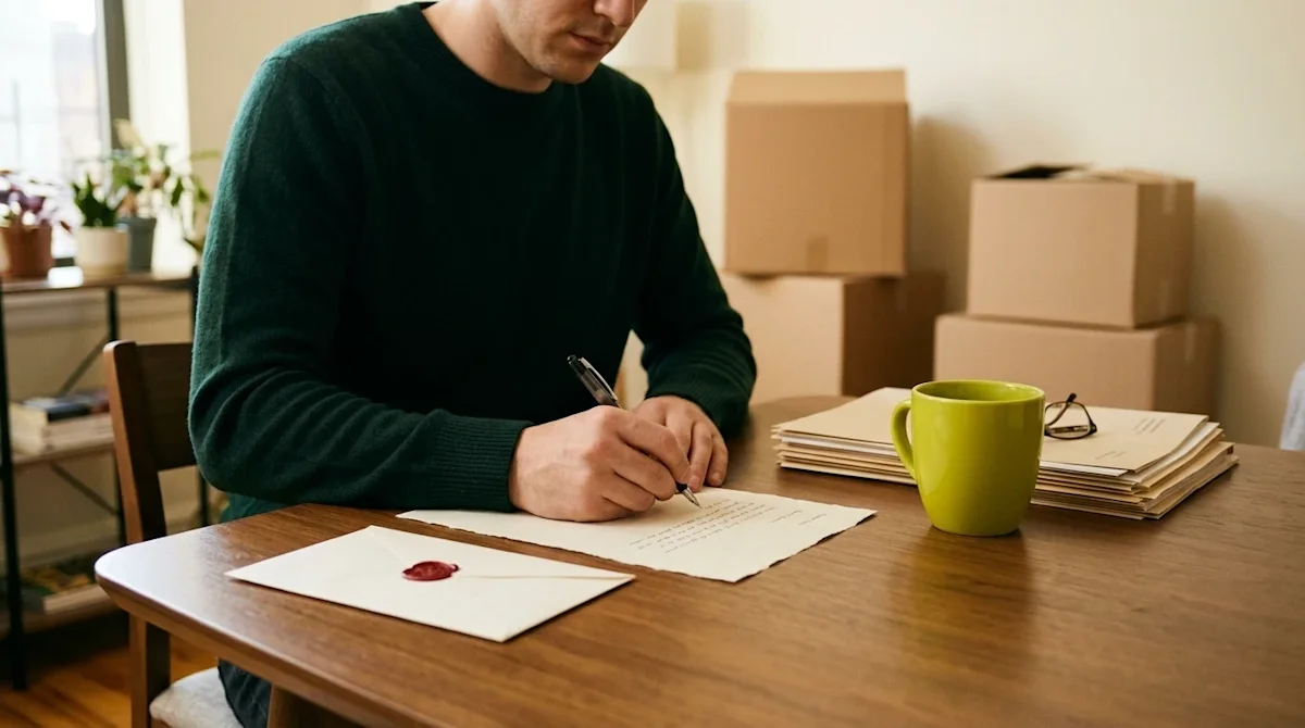 Authentic lifestyle photography of a person sitting at a cozy apartment dining table, carefully writing a formal letter on of