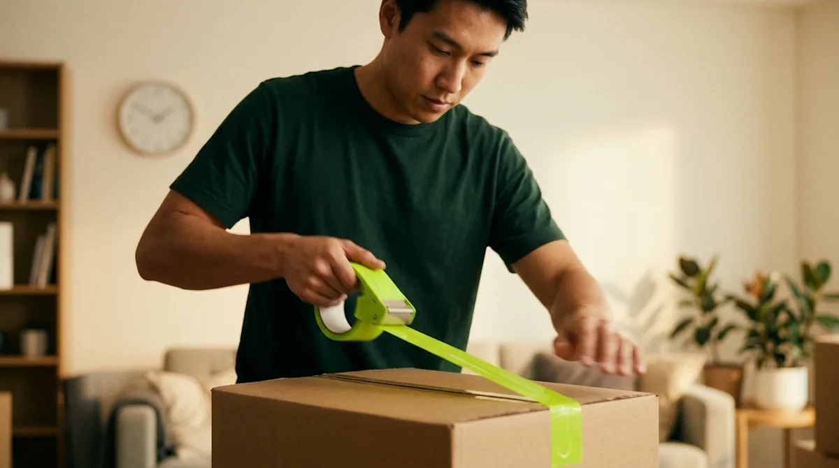Candid lifestyle photography of a focused person quickly and efficiently packing household items into a kraft brown moving bo