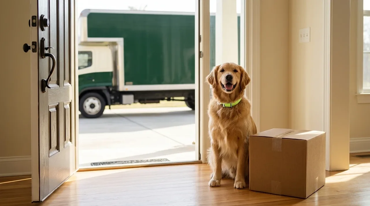 Professional lifestyle marketing photography of a happy Golden Retriever sitting attentively by an open front door on moving