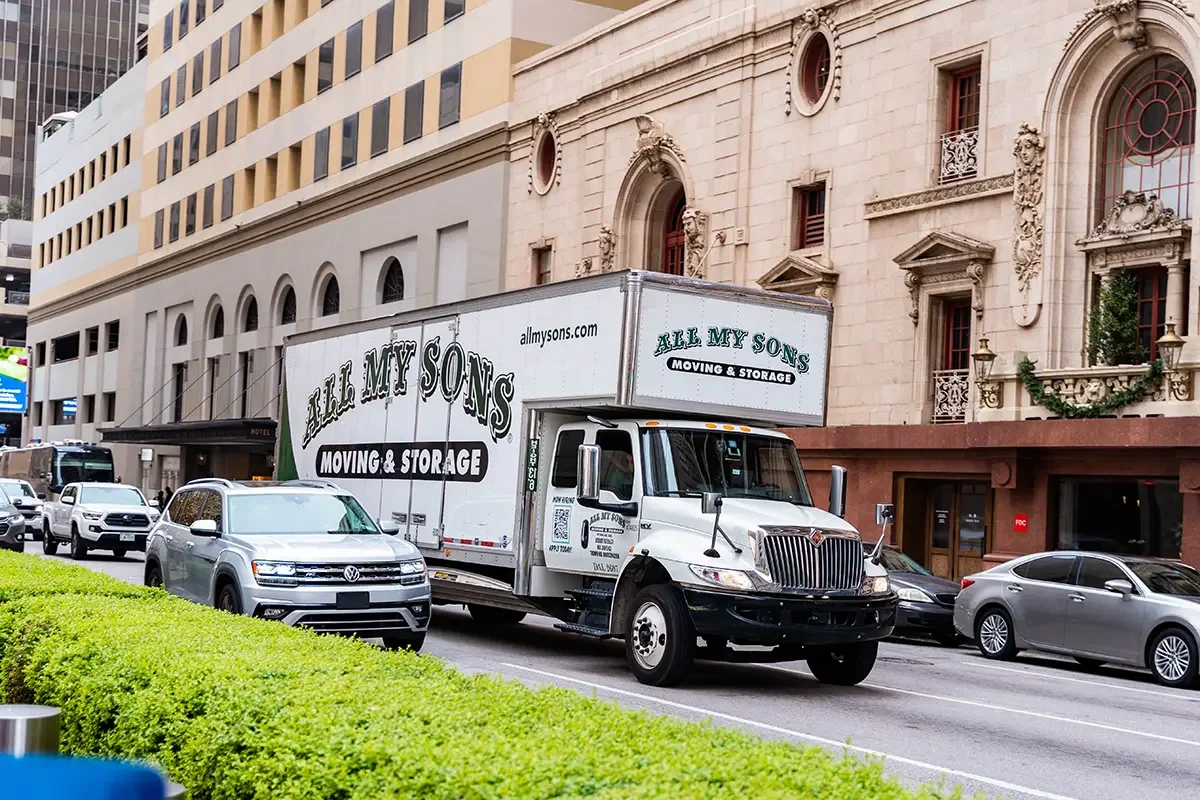 All My Sons Moving and Storge truck arrives at an apartment complex to start an apartment move.