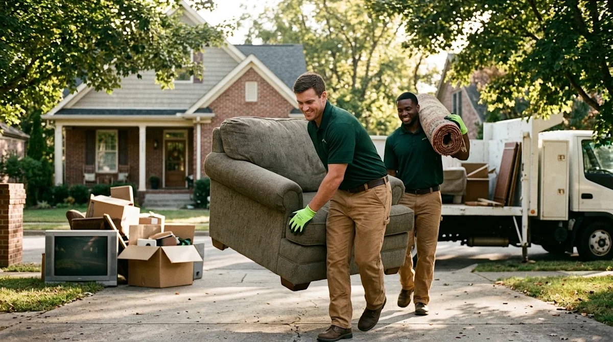A high-quality lifestyle photograph of a professional junk removal crew working efficiently at a residential home in Nashvill