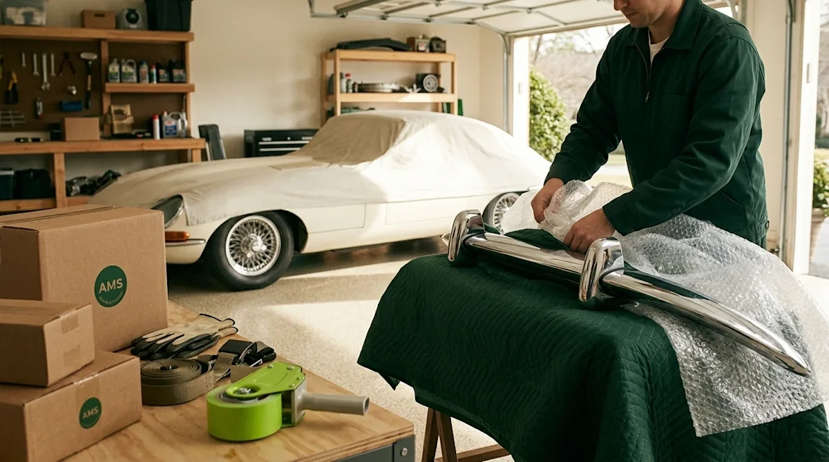 A high-quality, candid lifestyle photograph of a pristine classic sports car inside a clean, well-lit residential garage bein
