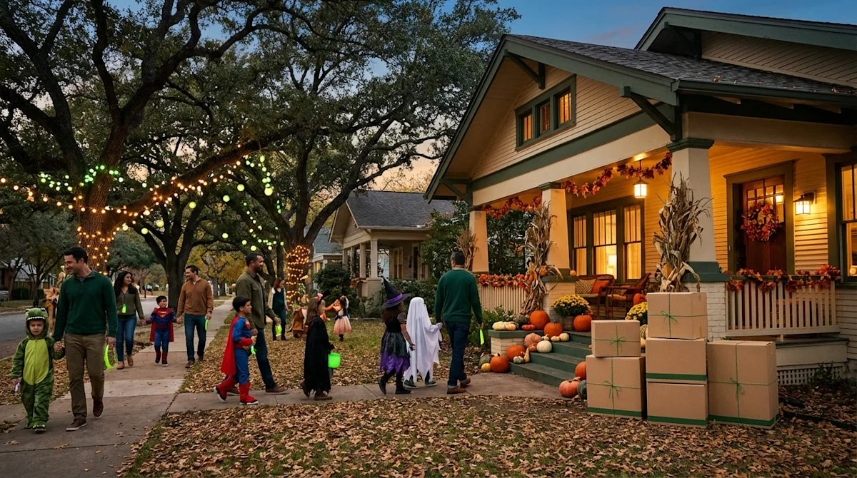 South Austin families trick-or-treating past a home with moving boxes on the porch at Halloween