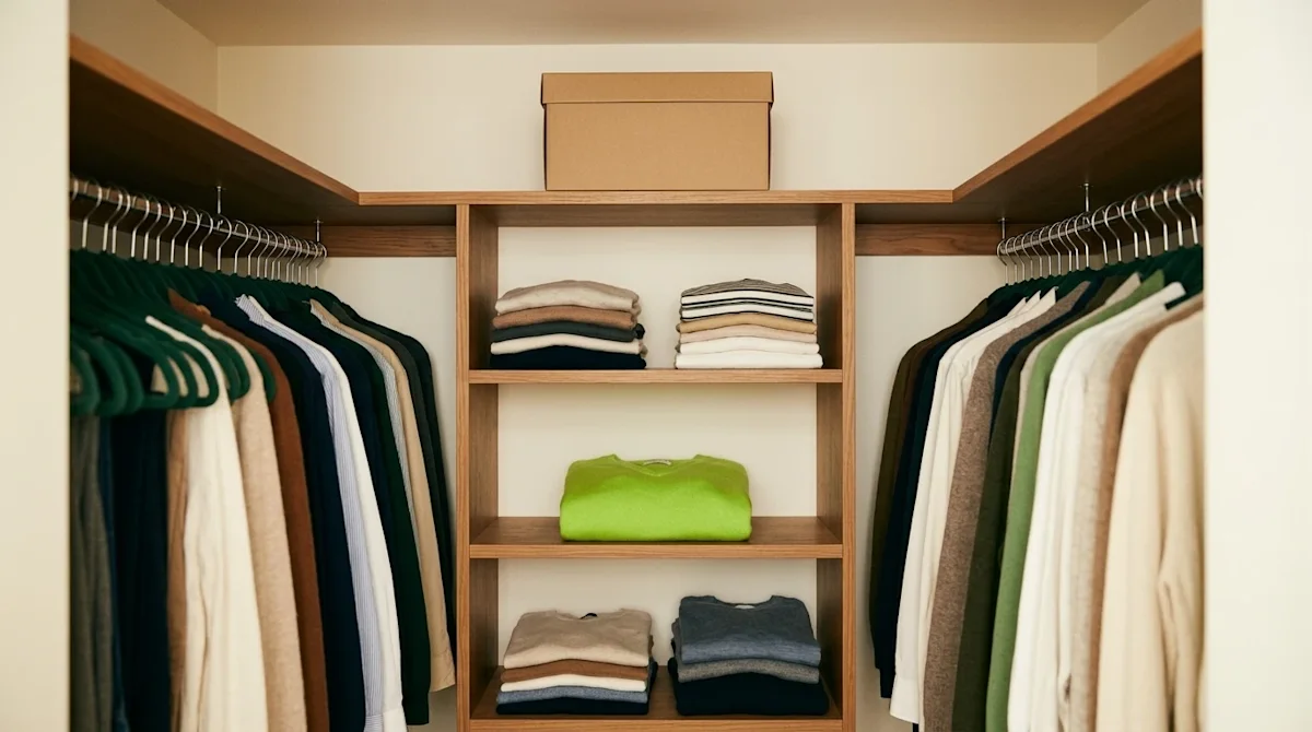 Professional marketing photography of a neatly organized, bright home walk-in closet. The space features warm wood shelving a