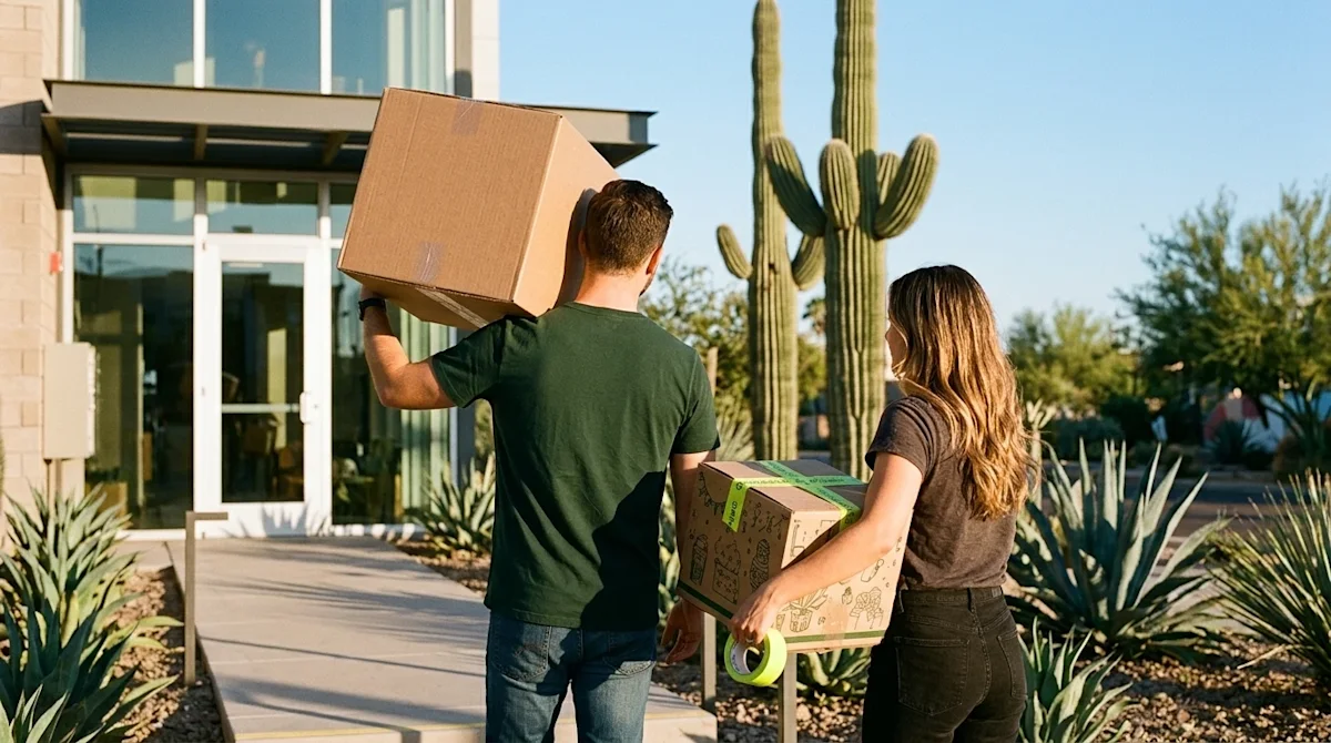 Candid lifestyle photography of a stylish young professional couple carrying cardboard moving boxes into a trendy modern apar