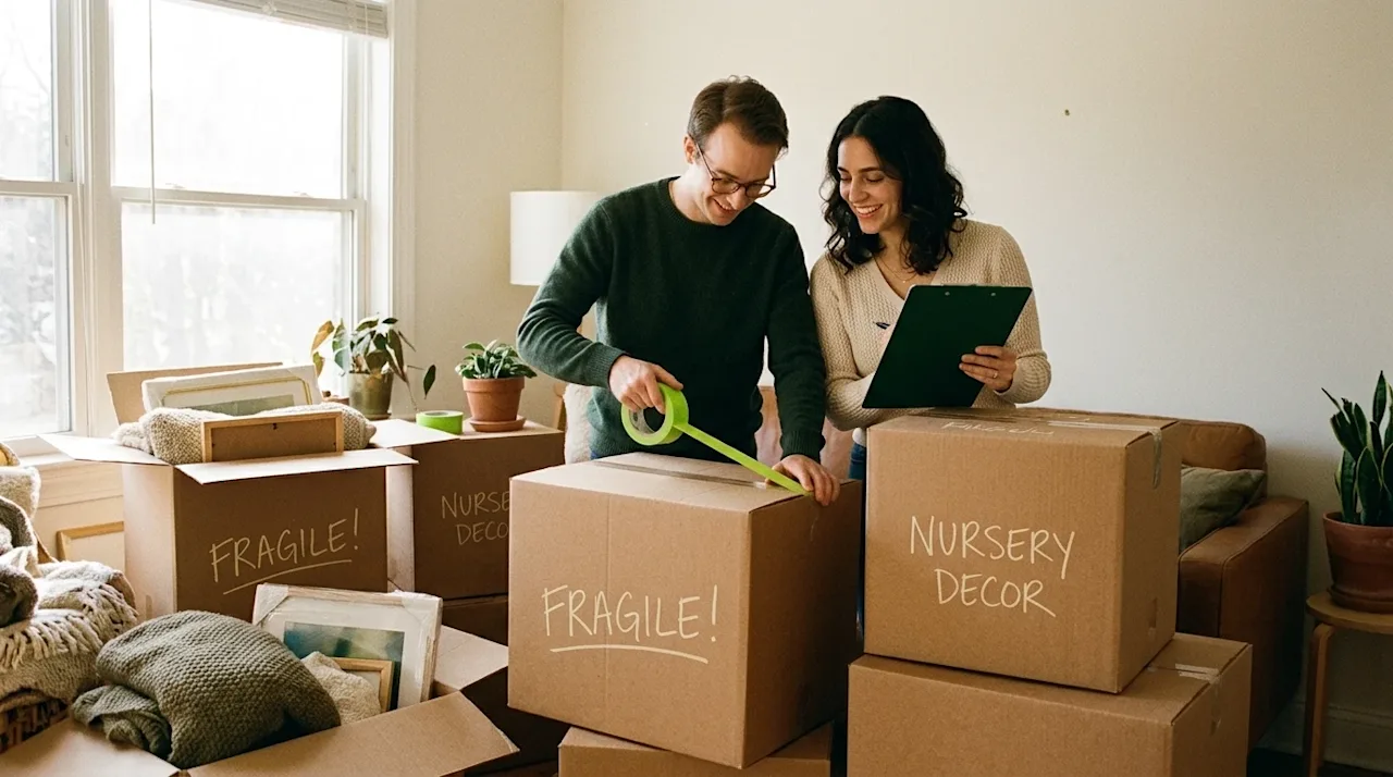 Warm, authentic lifestyle photography of a couple gently preparing for a residential move in a cozy, sunlit living room. They