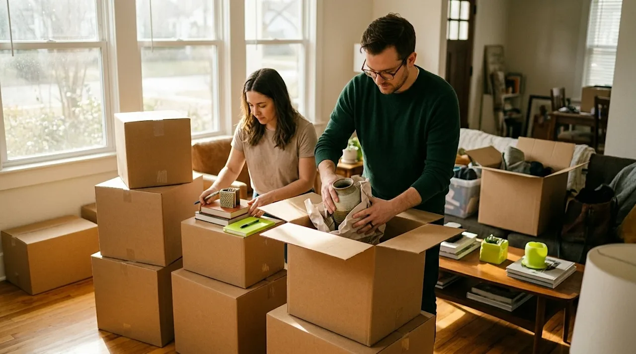 A candid, high-quality lifestyle photograph of a couple packing their home for a move. The scene is set in a sunlit, inviting