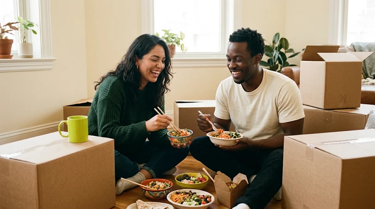 Candid lifestyle photography, 35mm film look, warm and nostalgic natural lighting. A smiling young diverse couple sits on the