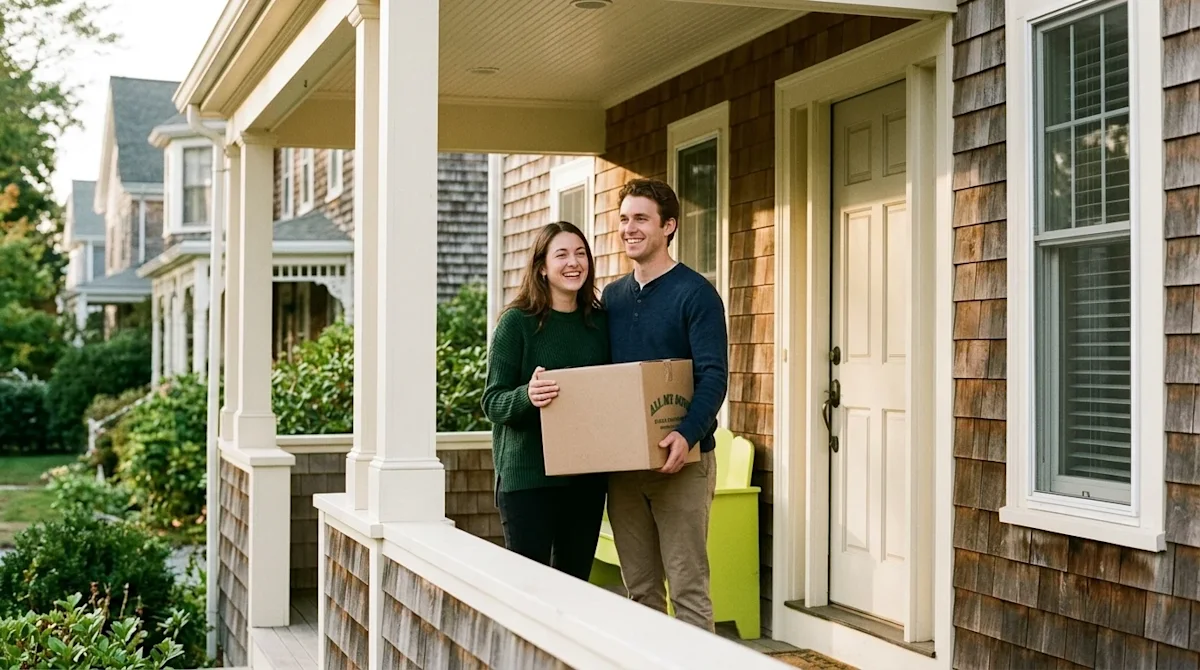 A candid, analog-style 35mm photograph of a happy young couple standing on the welcoming front porch of a classic, historic R