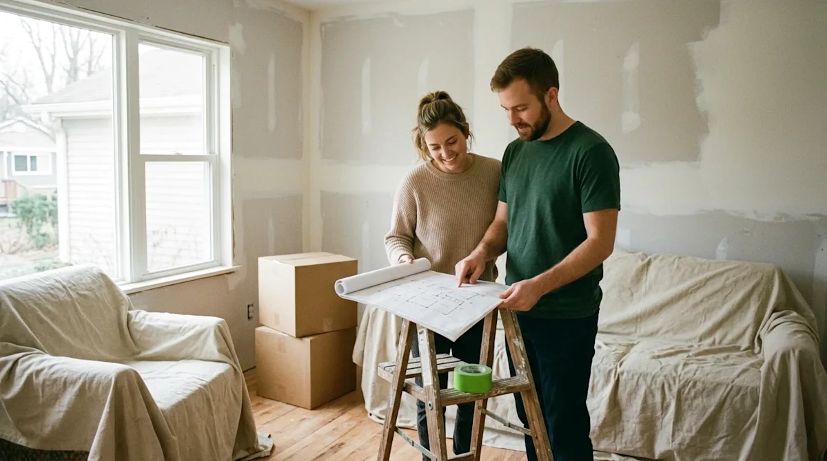 A candid, authentic 35mm film photograph of a young couple standing in a home living room undergoing a remodel. The room feat