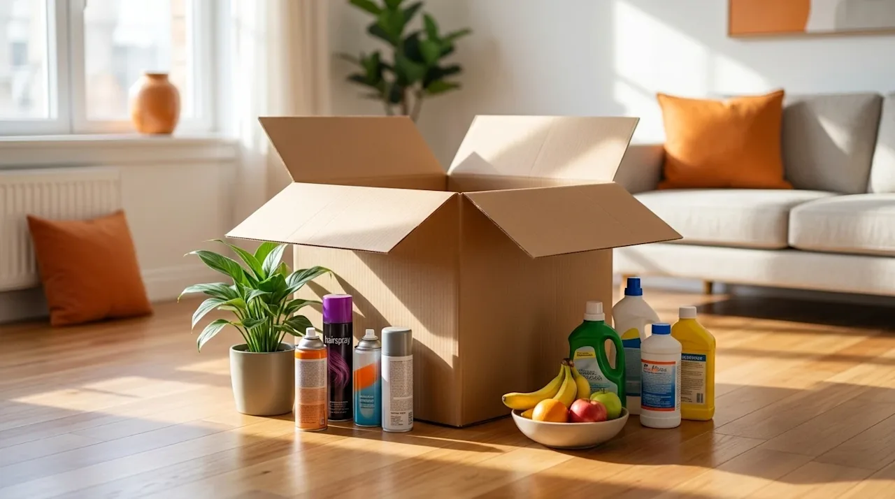 Professional commercial photography of an open empty cardboard moving box sitting on a hardwood floor in a bright modern livi