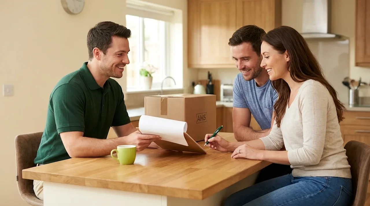 Clear, professional marketing photography of a friendly moving coordinator explaining paperwork to a smiling couple sitting a