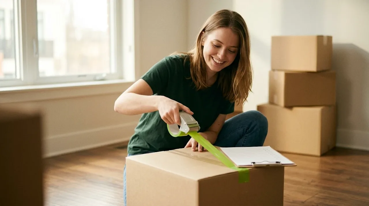 High-quality lifestyle photography of a young woman happily packing for her first move in a bright, sunlit apartment. She is