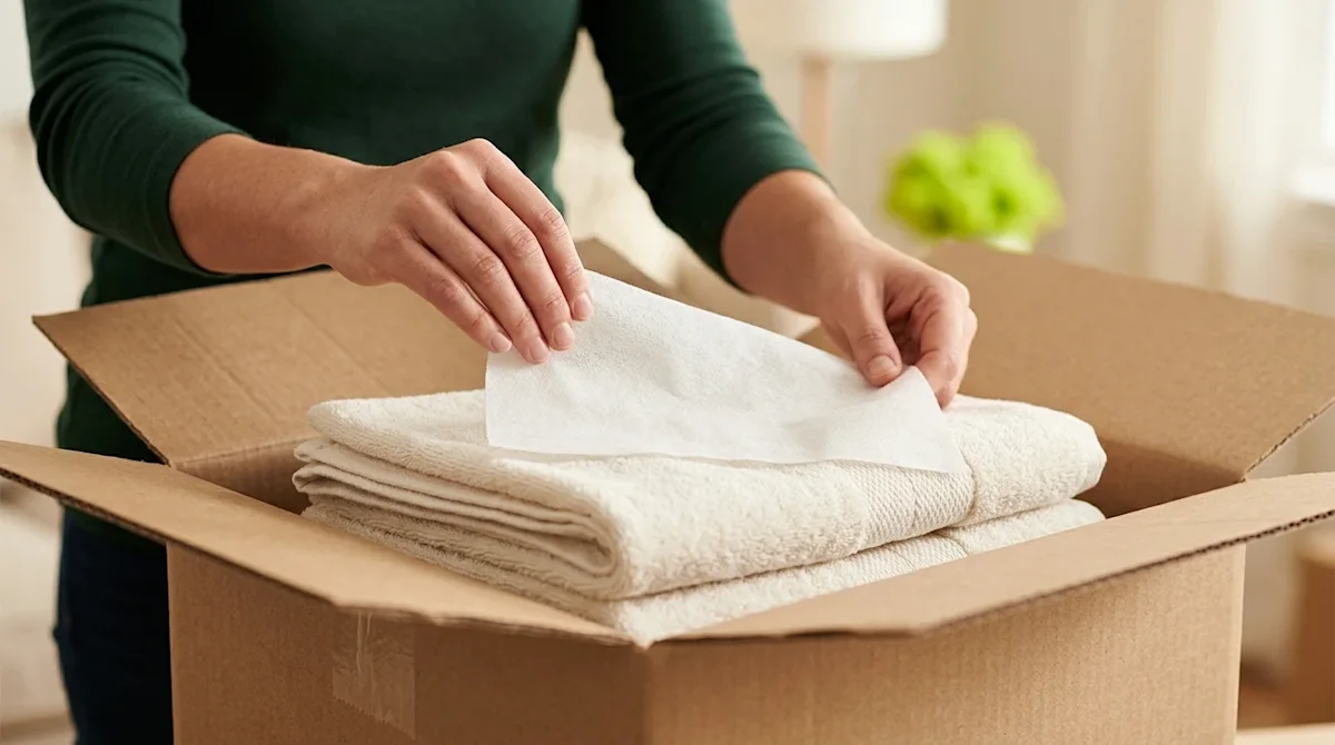 Professional marketing photography, close-up lifestyle shot of a person's hands delicately placing a crisp, white fabric drye