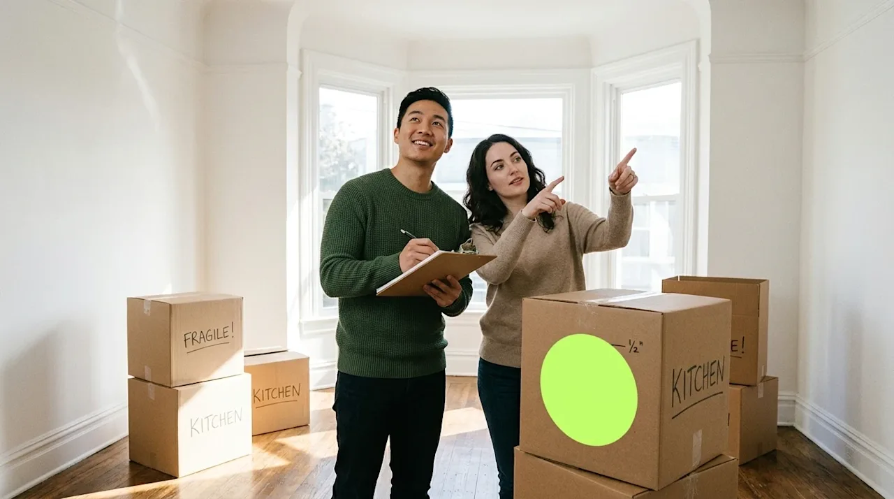A candid, authentic lifestyle photograph of a couple standing inside the sunlit, empty living room of their new home, looking