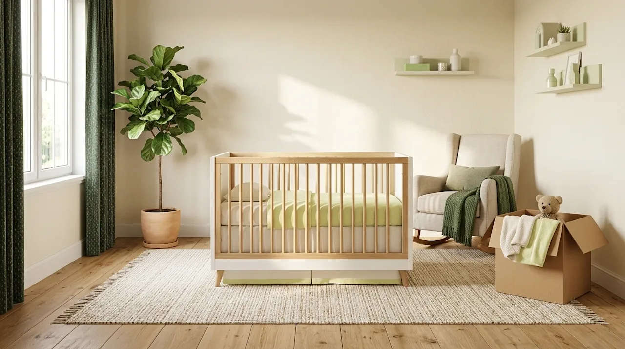 Clear and professional marketing photography of a peaceful, beautifully styled baby nursery room. The room features warm crea