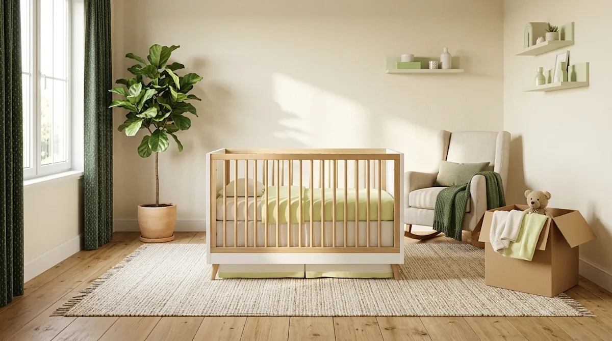 Clear and professional marketing photography of a peaceful, beautifully styled baby nursery room. The room features warm crea