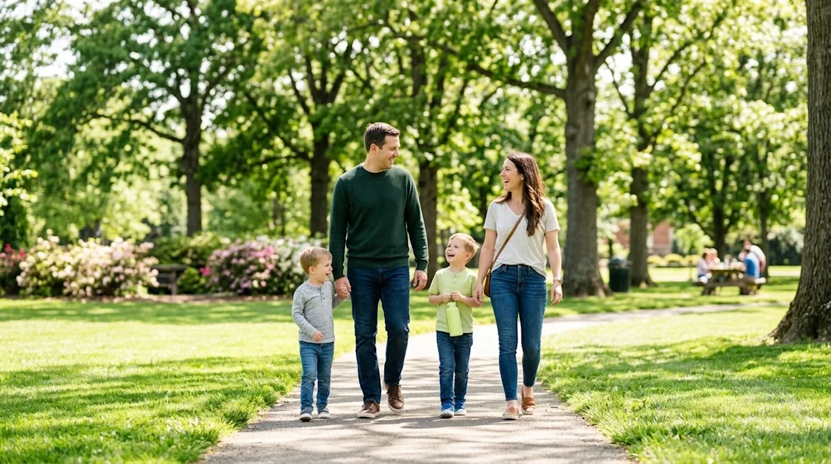 Professional lifestyle marketing photography of a beautiful, vibrant local park in Germantown on a bright sunny afternoon. A