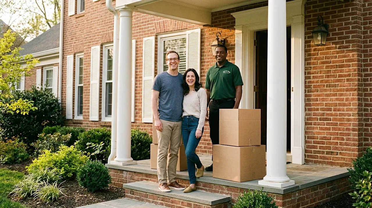 Candid, warm lifestyle photography of a joyful couple standing on the front porch of a classic Maryland brick colonial home,