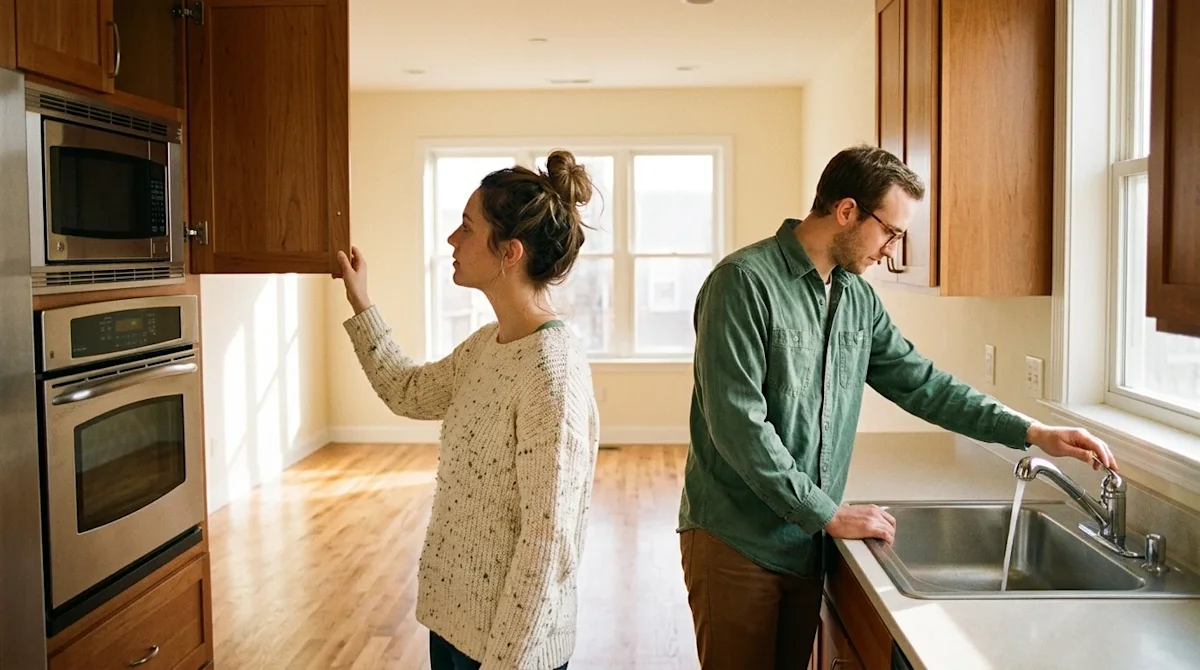 Candid 35mm film photography of a young couple carefully inspecting an empty, unfurnished apartment before signing a lease. T