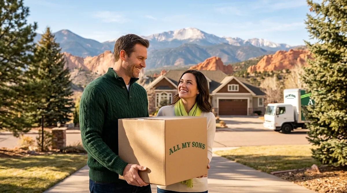 Clear, professional marketing photography of a smiling couple carrying a clean kraft brown moving box up the driveway towards