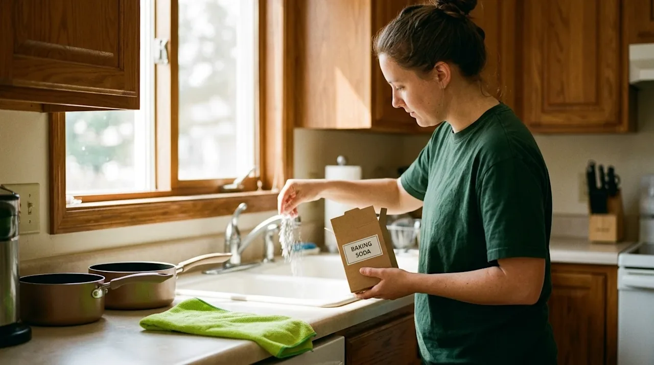 Authentic, warm lifestyle photography shot on 35mm film of a person preparing and cleaning a kitchen in a recently moved-in h