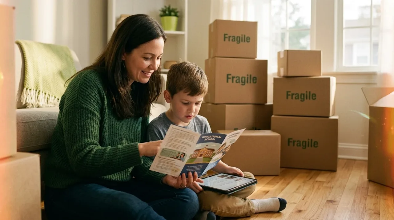 A candid, heartfelt lifestyle photograph of a mother and her young school-aged son sitting on the hardwood floor of a partial