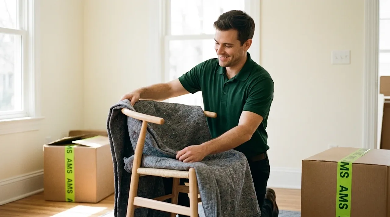 Professional marketing lifestyle photography of a reliable, friendly mover wearing a crisp dark forest green polo shirt, care