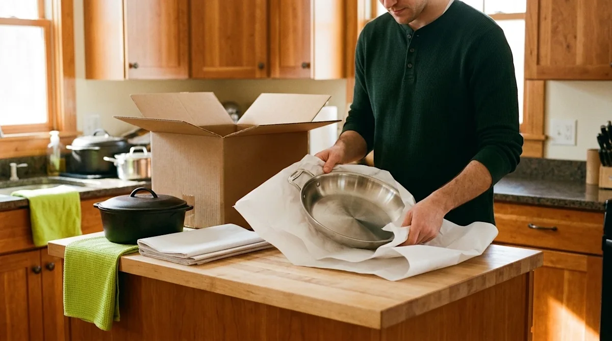 A candid, warm lifestyle photograph of a person carefully packing kitchen cookware for a move. The scene takes place in a coz