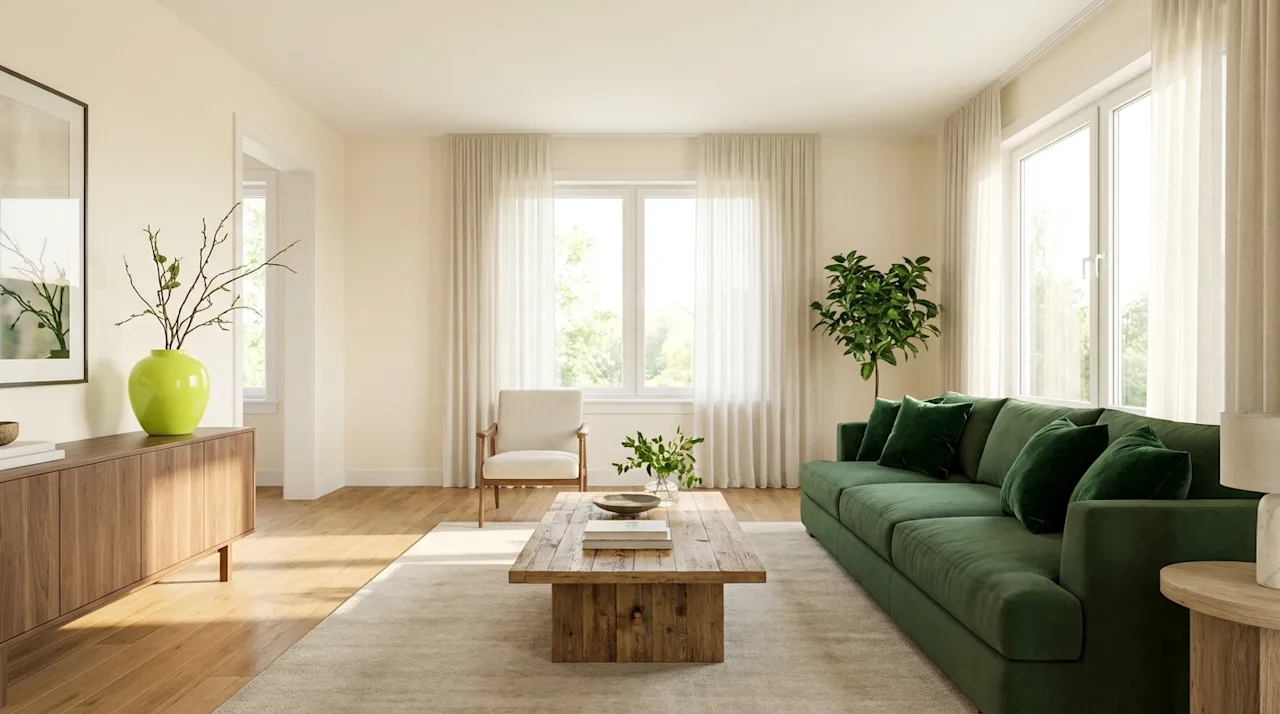 Staged living room with a forest green sofa, lime green vase, and warm wood floors for a real estate open house.