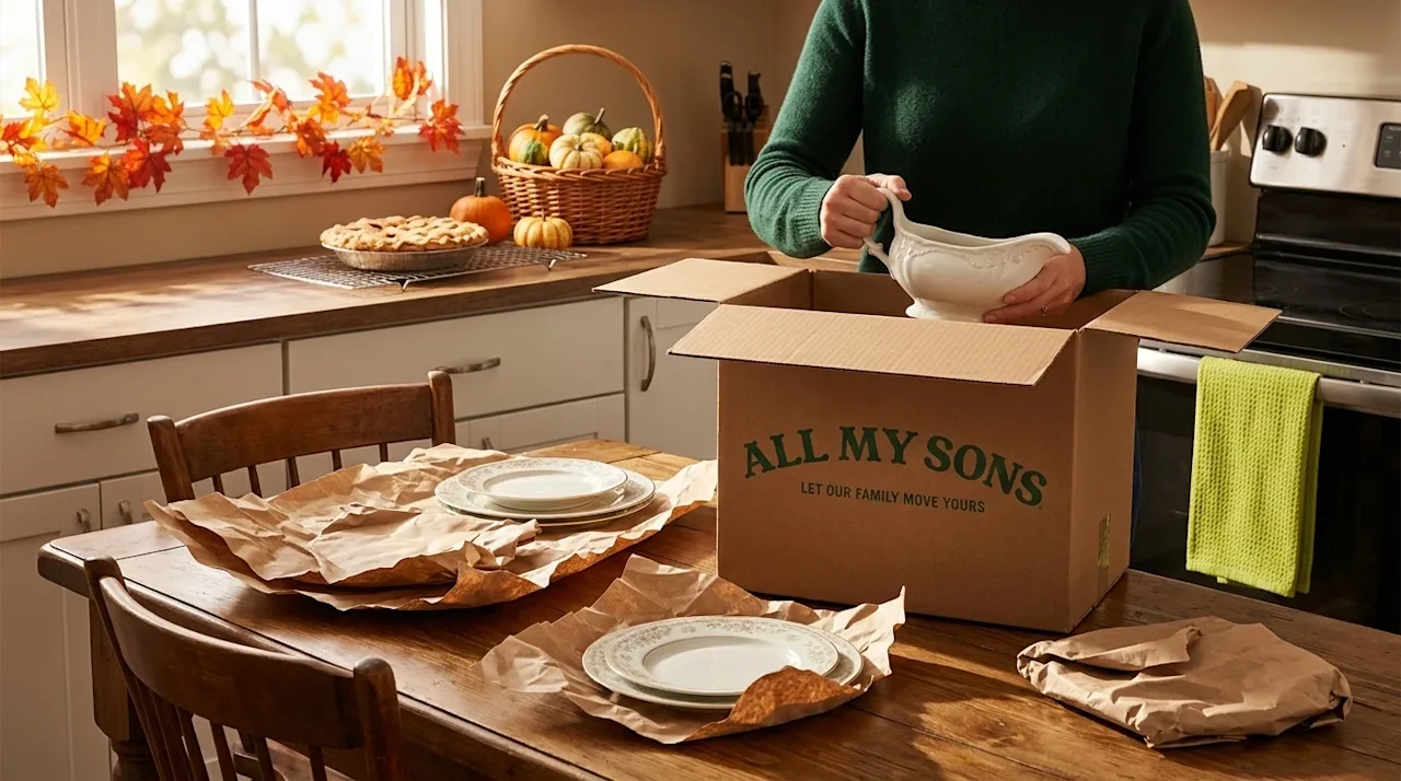 A warm, authentic lifestyle photograph of a cozy home kitchen in the midst of packing for a move during the Thanksgiving seas