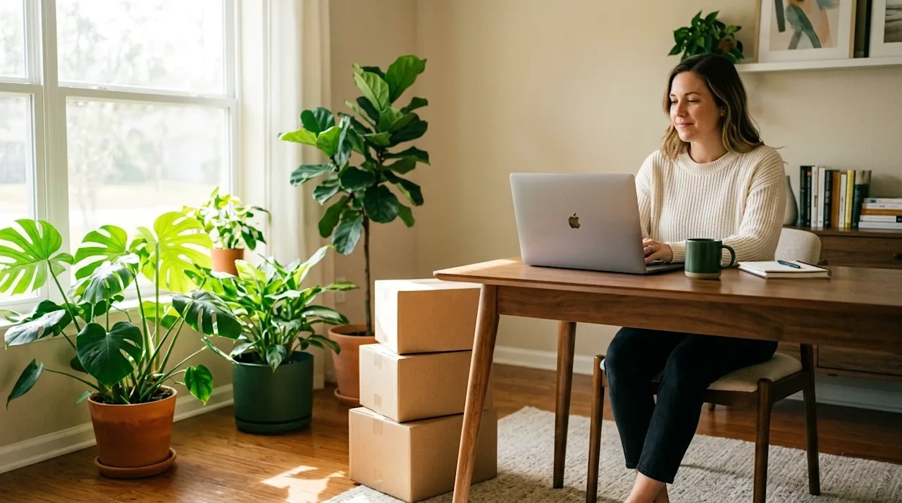 Candid lifestyle photography of a bright and inviting sunlit home office with a warm, airy Florida vibe.