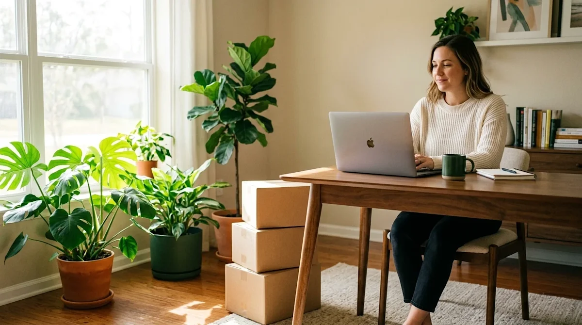 Candid lifestyle photography of a bright and inviting sunlit home office with a warm, airy Florida vibe.