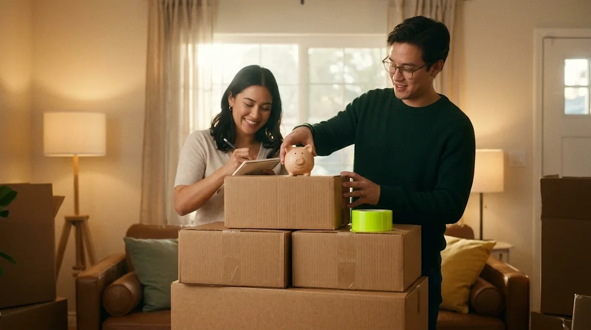 A candid, authentic 35mm photograph of a happy young couple preparing for a move in a warmly lit, cozy living room. They are