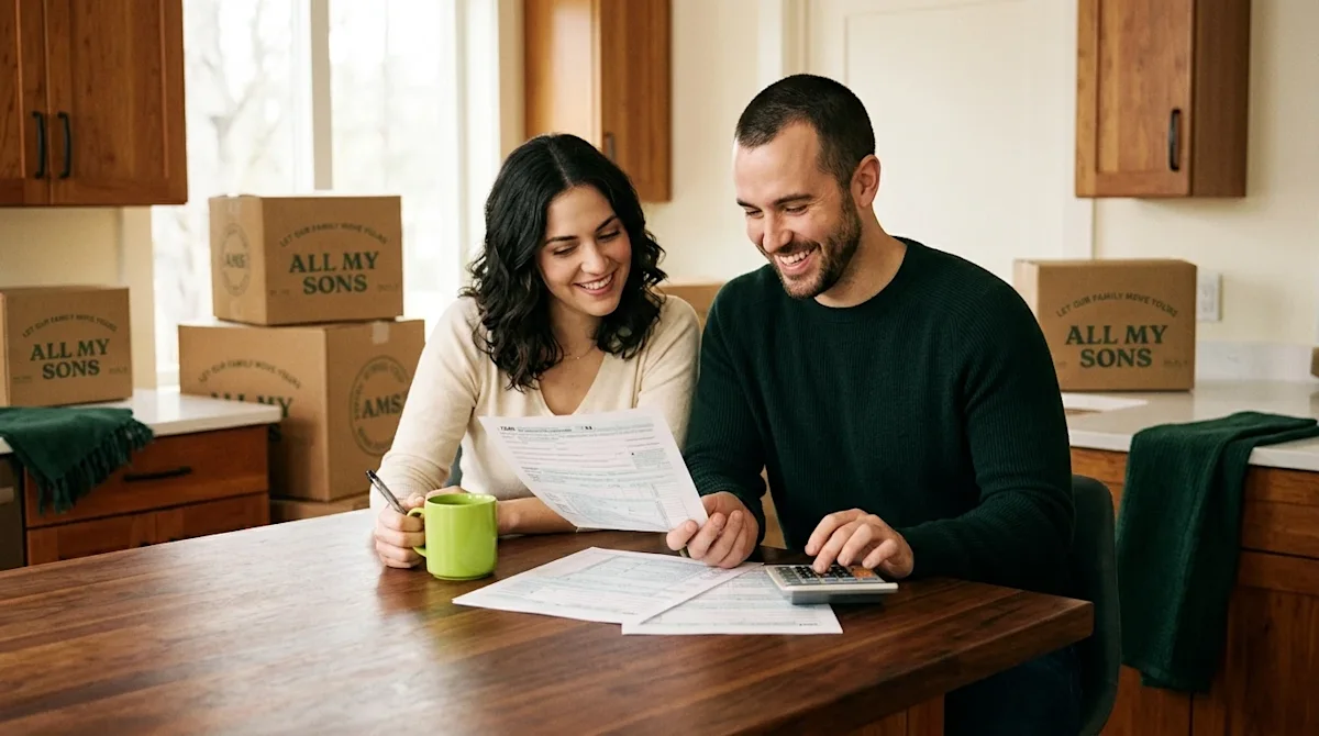 Professional marketing photography, warmly lit shot of a happy young couple sitting at a beautiful wooden kitchen island in t