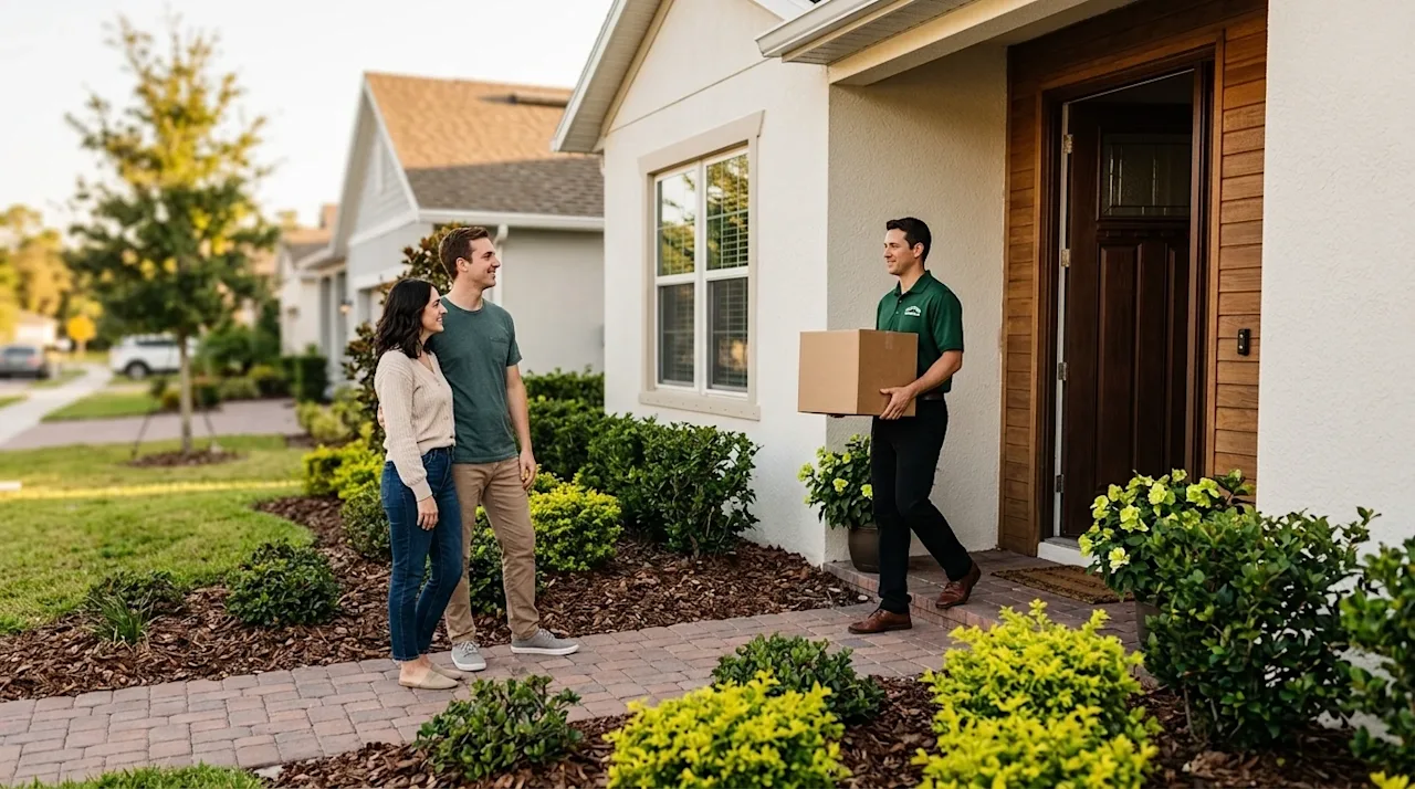 Professional marketing photography, a moving day scene at a typical American suburban house representing a home transition. A