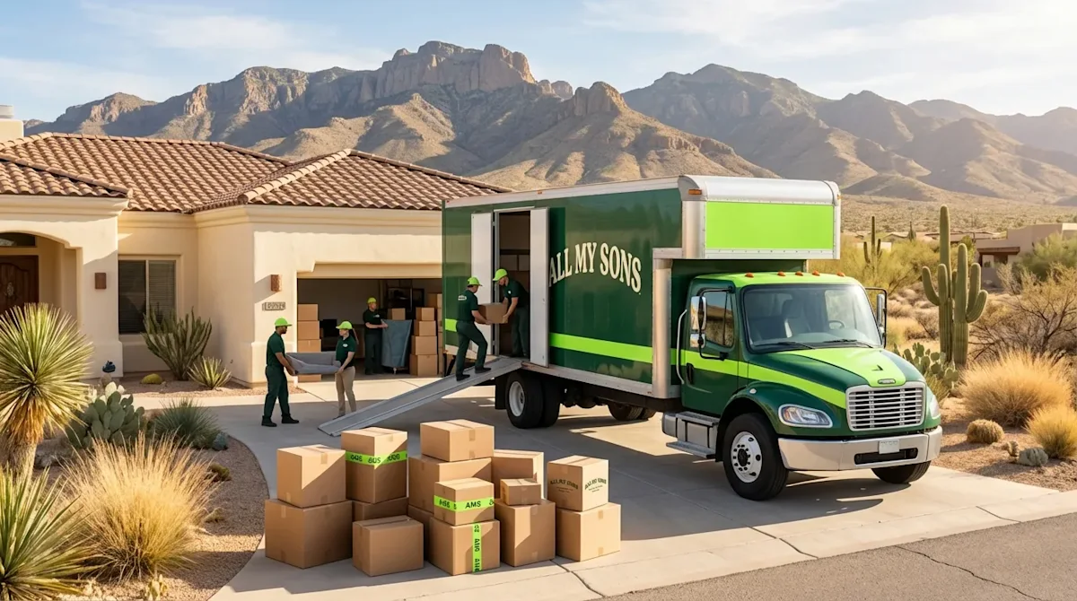 Professional movers unloading a green truck at an adobe home in El Paso, Texas with Franklin Mountains in view. 