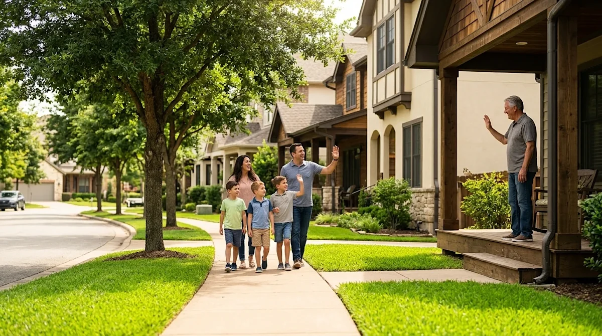 Professional lifestyle marketing photography of a picturesque, welcoming suburban neighborhood street that perfectly illustra